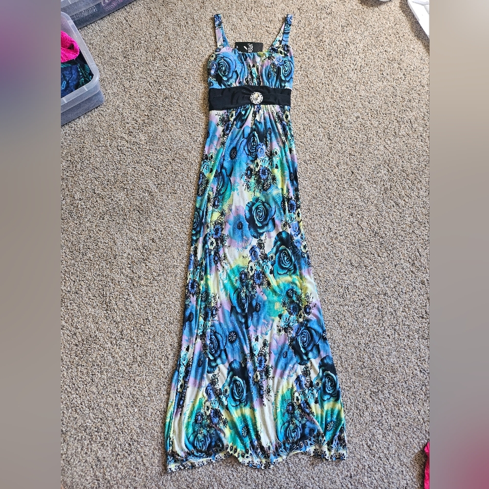 Floral Maxi Dress with Black Waistband